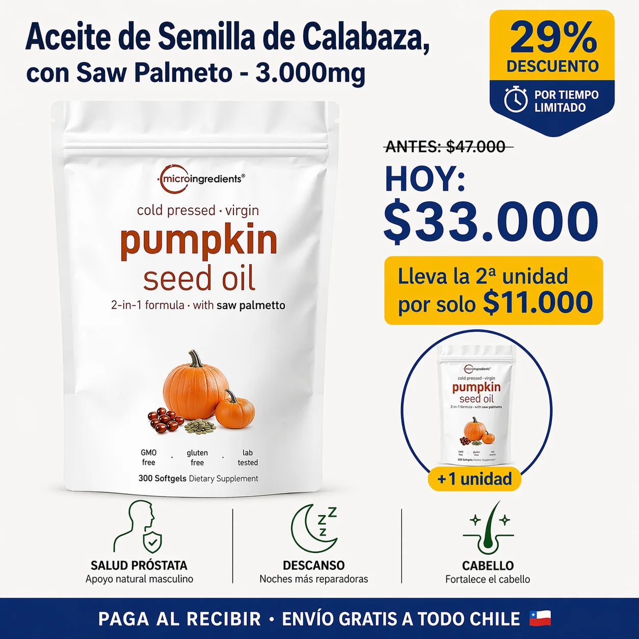 Aceite de Semilla de Calabaza 3000 mg + Saw Palmetto — Recupera tu descanso, cuida tu próstata, fortalece tu cabello