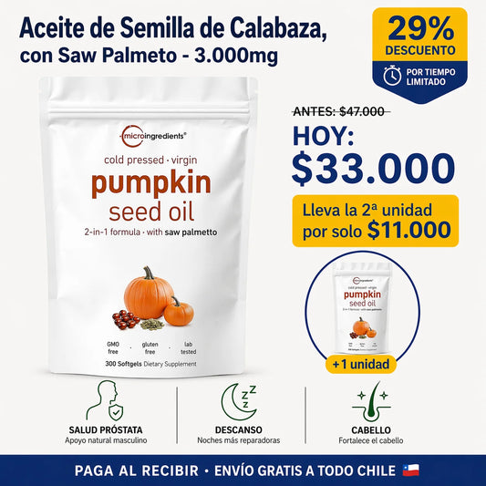 Aceite de Semilla de Calabaza 3000 mg + Saw Palmetto — Recupera tu descanso, cuida tu próstata, fortalece tu cabello